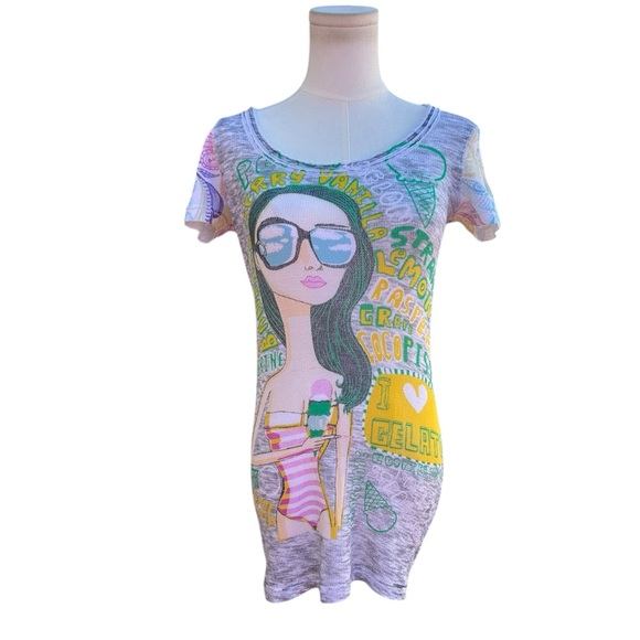 Custo Barcelona Vintage Y2K Printed Graphic Scoop Neck Cap Sleeves Top Size 3 - Picture 6 of 14